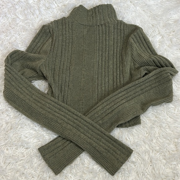 Olive Green Ribbed Knit Crop Sweater | Green Sweater | Cropped Sweater - Picture 7 of 7